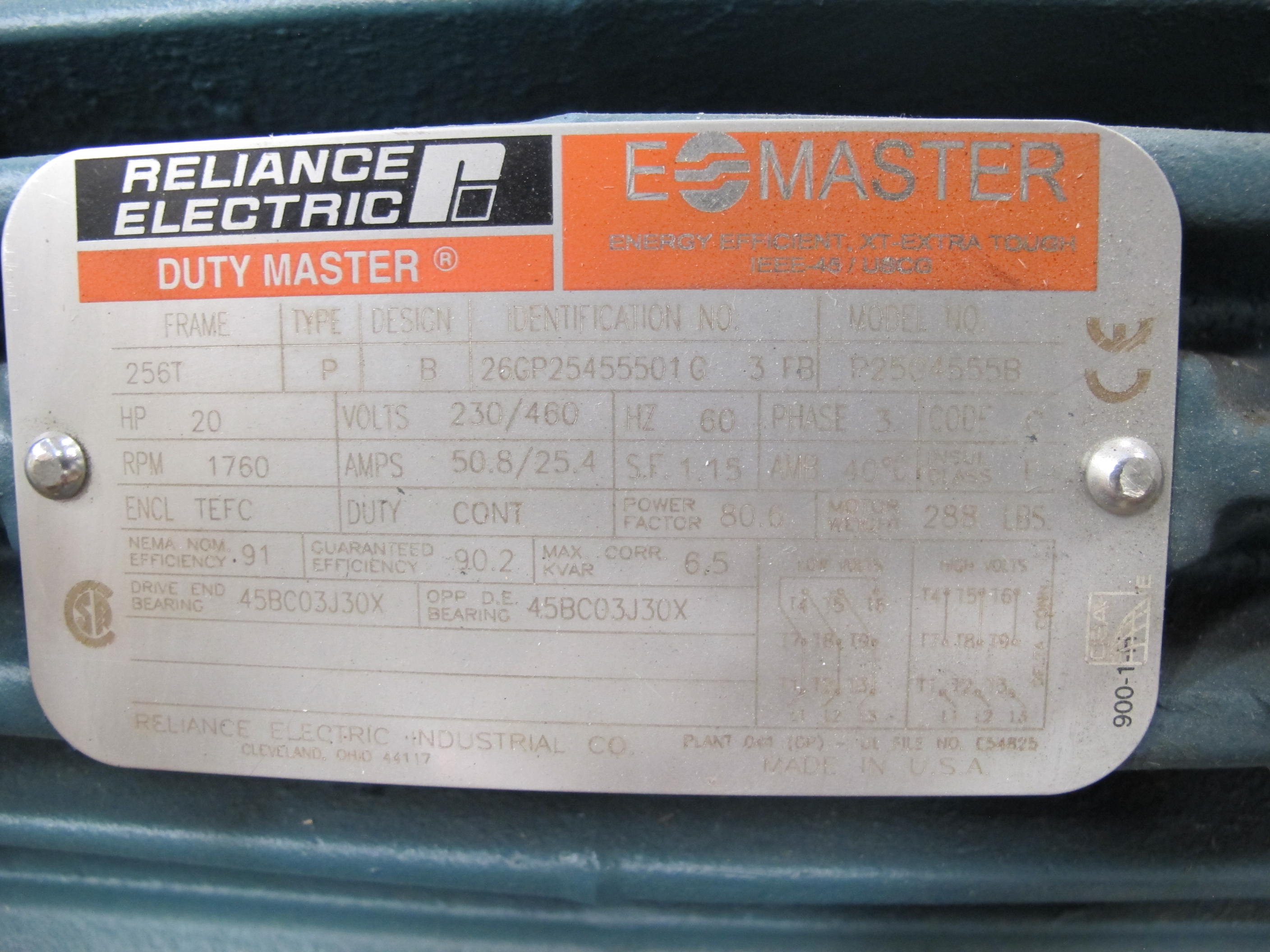 MOTOR, ELECTRIC TYPE, 20 HORSEPOWER, 460VAC 3 PHASE 60HZ ELEC RATING, 1800 RPM, 256T FRAME, 25 AMPS, TEFC-XT ENCLOSURE, CONTINUOUS DUTY. ONE SIZE-OVERSIZE CONDUIT BOX, 4 FT MOTOR LEADS WITH BURNDY LUGS, SPECIAL FINISH, FOR UNITS 2&3 FHB NORMAL SUPPLY FAN AND STANDBY SUPPLY FAN, PART # 19YF281034 (W-44) LOADING & HANDLING FEE $15-